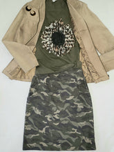Load image into Gallery viewer, Dusted Camo pencil skirt paired with our Chasing The Sun graphic tee. Army green tee shirt with leopard printed sunflower.